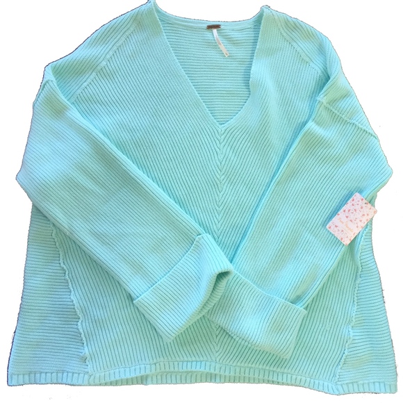 Free People La Brea V-Neck Sky Blue Knit Sweater Large - Picture 2 of 5